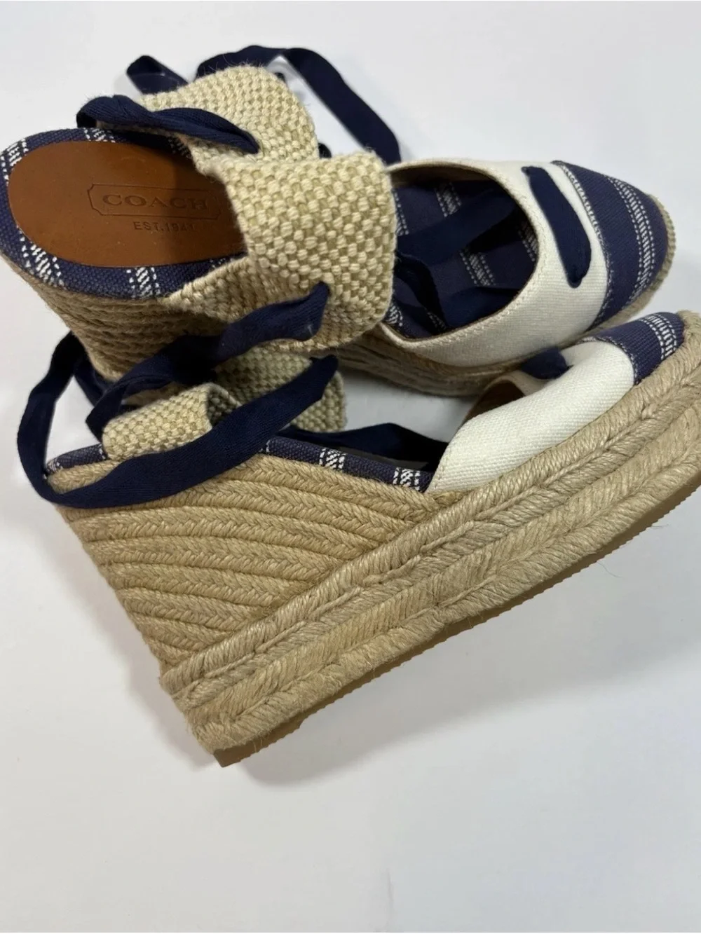 Coach Fern Ankle-tie Espadrille Wedge Sandals Blue and Beige